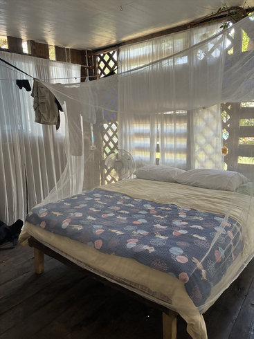 Dieses Bild zeigt ein gemütliches Bett mit weißen Kissen, einer blau gemusterten Decke und einem Moskitonetz. Das Sonnenlicht fällt durch die durchsichtigen Vorhänge; die Kleidung hängt an einer Leine.