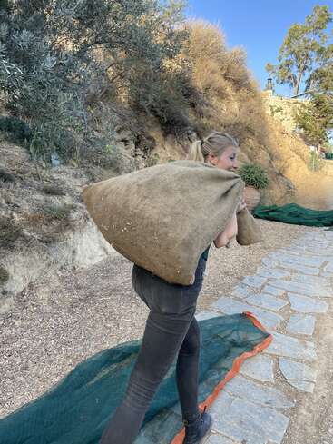 Une femme, un grand sac de jute lourd sur l'épaule, marche sur un chemin de pierre en plein air, entourée de buissons et d'arbres secs et rabougris.