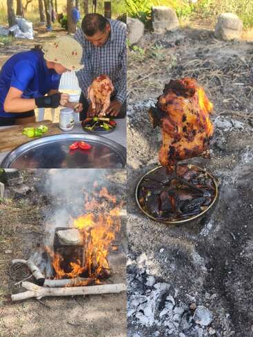 This image collage shows people preparing and stuffing a chicken, cooking it on a spit over an open fire, and the final roasted chicken served outdoors.
