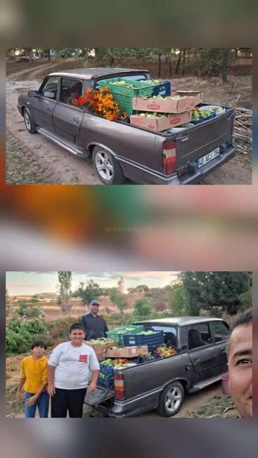 A gray pickup truck loaded with crates of fresh vegetables and flowers is parked outdoors. Three smiling people stand beside the truck, enjoying a harvest day.
