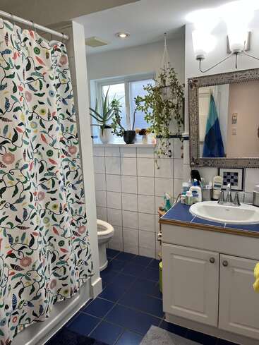 This bathroom features blue tiled floors, a floral shower curtain, white vanity, various plants by the window, a large mirror, and ample countertop toiletries.
