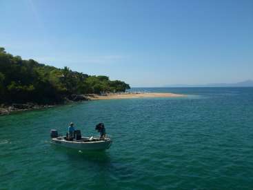 The image depicts a serene scene of a small boat navigating through calm waters, with a picturesque island and lush greenery in the background.