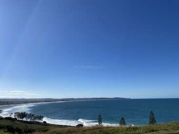 Un cielo azul amplio y despejado se extiende sobre una tranquila bahía oceánica. Las olas rompen suavemente en la orilla. La hierba verde y los pinos bordean pacíficamente la costa.