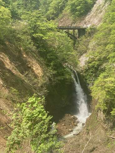 Das Bild zeigt einen ruhigen Wasserfall, der einen felsigen Abhang hinunterstürzt, umgeben von üppigem Grün und einer Brücke im Hintergrund, die ein Gefühl von natürlicher Schönheit und Ruhe hervorruft.