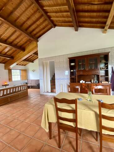 La imagen muestra una espaciosa habitación de techo alto, con mesa de comedor, cocina y sala de estar, que exhibe una armoniosa mezcla de elementos de madera y azulejos.