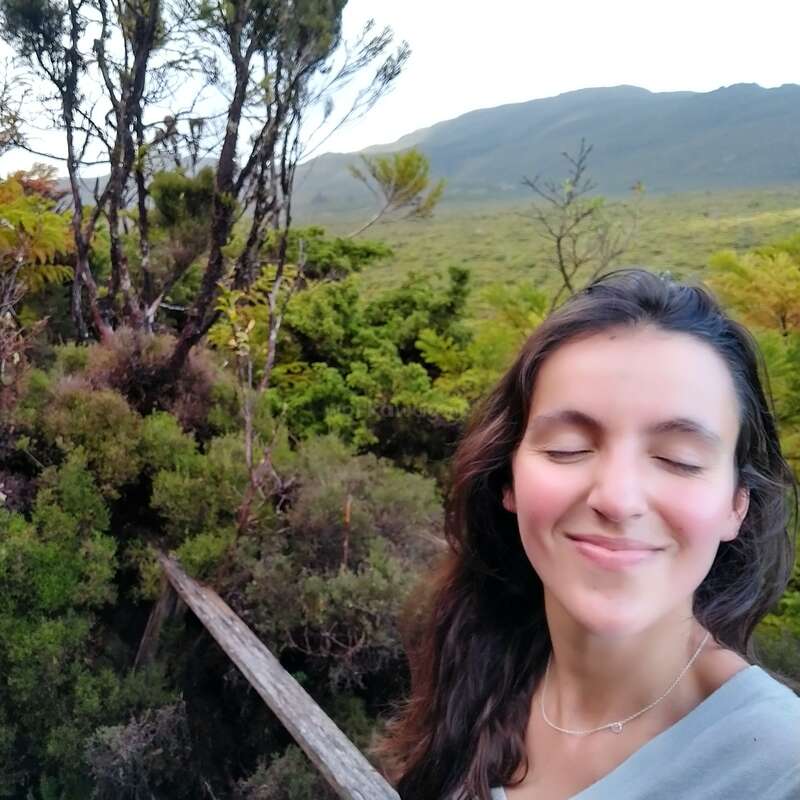 La imagen representa una serena escena de una mujer con larga melena oscura, de pie frente a un exuberante paisaje verde, con árboles y montañas visibles al fondo.