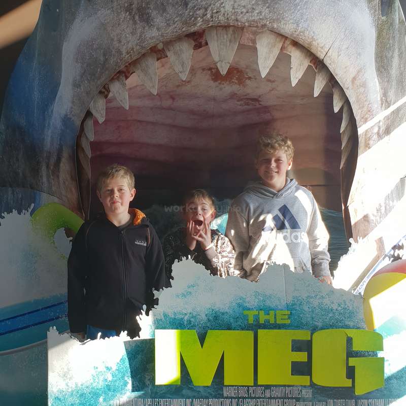 The image depicts three children standing inside a shark\'s mouth, with the title \"THE MEG\" prominently displayed in large green letters at the bottom.