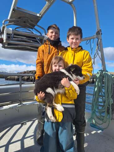 Drei lächelnde Kinder, warm gekleidet in gelben und orangefarbenen Jacken, stehen auf einem Boot. Der Jüngste hält einen schwarz-weißen Hund vor dem Hintergrund des blauen Himmels.