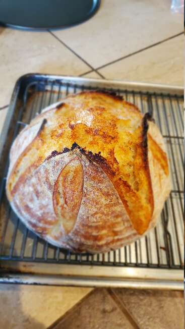 A beautifully browned artisan sourdough loaf sits on a cooling rack over a baking tray. Its crust is golden, crisp, and perfectly scored with patterns.