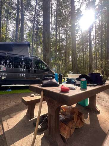 A picnic table with camping gear, firewood, and drinks sits in a sunlit forest. A camper van is parked nearby among tall, serene trees.