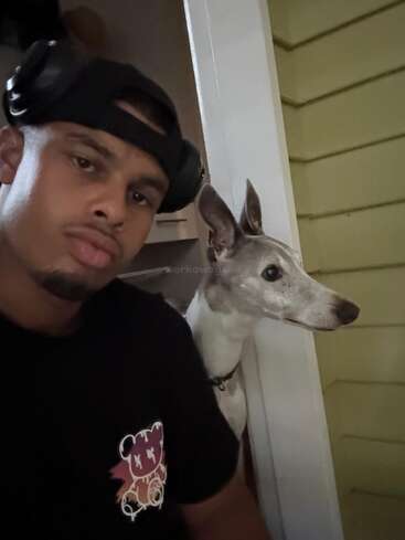 Ein Mann mit Kopfhörern und einer schwarzen Mütze posiert für ein Selfie mit einem Windhund. Beide schauen ernst und stehen drinnen neben einer Tür.