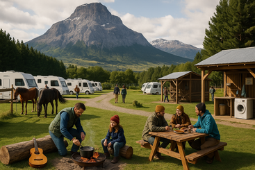 Die Menschen genießen einen malerischen Bergcampingplatz mit Wohnmobilen, Hütten und Pferden. Einige kochen über einem Feuer, andere essen gemeinsam an einem Picknicktisch. Üppige, grüne Landschaft.