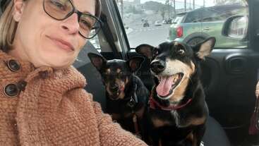 A woman in glasses and a brown sweater takes a selfie inside a car with two happy black and tan dogs sitting beside her, looking cheerful.
