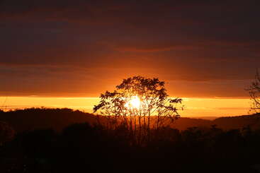 A stunning sunset illuminates the sky with vibrant orange and yellow hues, silhouetting a tree and rolling hills under dramatic, dark clouds on the horizon.