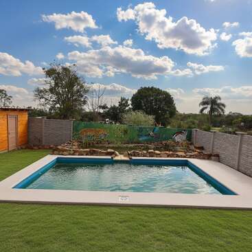 A rectangular swimming pool sits in a neatly mowed backyard, surrounded by a concrete border, stone wall, wooden shed, and colorful nature-themed mural.