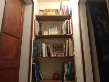 This cozy, narrow bookshelf is filled with books, art, and personal items. A red apple and various genres reflect a warm, inviting, and intellectual atmosphere.