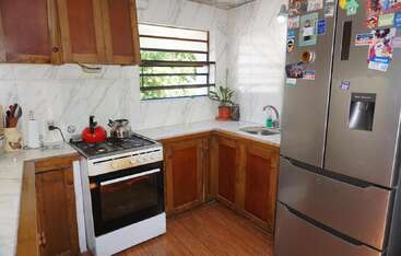 This cozy kitchen features wooden cabinets, a stainless steel refrigerator with magnets, marble-patterned walls, a window, stove with kettle, sink, and countertop with utensils and plant.
