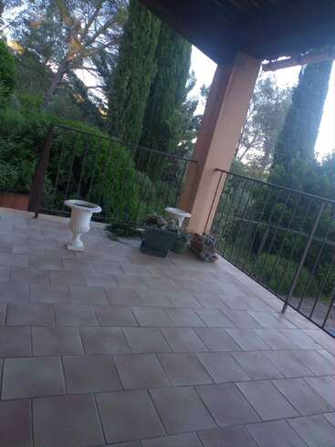 A tiled patio with iron railings overlooks a lush green garden of trees and shrubs. Several potted plants and white decorative urns are present. Peaceful setting.