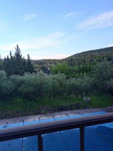 A serene view of a lush green garden with trees, hills in the background, clear blue sky, and a covered pool visible behind a fence.