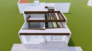 Dieses Bild zeigt ein modernes architektonisches Hausdesign mit weißen Wänden, großen Glasfenstern, Holzbalken und einem offenen Hofbereich mit Grünflächen und minimalistischen Elementen.