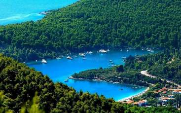 L'image représente une scène côtière sereine, avec une étendue d'eau tranquille, une végétation luxuriante et un rivage pittoresque, évoquant un sentiment de paix et de beauté naturelle.