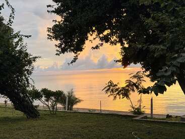 Un coucher de soleil doré se reflète magnifiquement sur les eaux calmes de l'océan, encadré par des arbres verdoyants et une pelouse, créant ainsi un décor tropical serein et paisible.