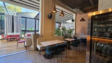 This modern, well-lit café features stylish pendant lights, cozy seating, large windows, lush plants, and a mix of intimate tables and lounge areas with natural light.