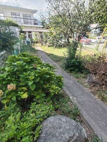 A concrete path leads through a garden with lush green bushes, a tree, and rocks towards a white two-story house with large windows and balconies.