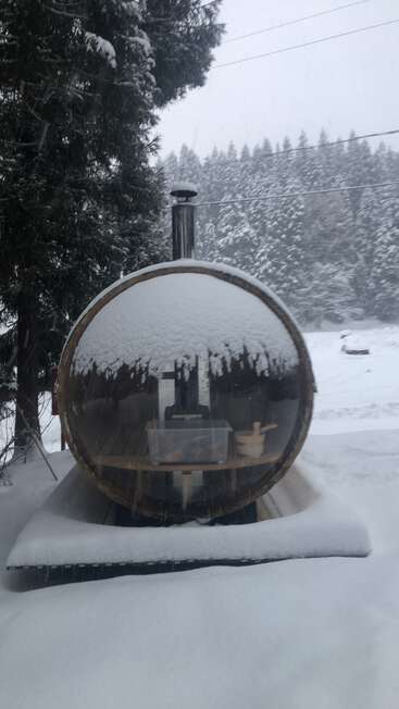L'image représente un sauna extérieur couvert de neige avec une porte en verre, situé dans un paysage enneigé, avec une cheminée et entouré d'arbres.