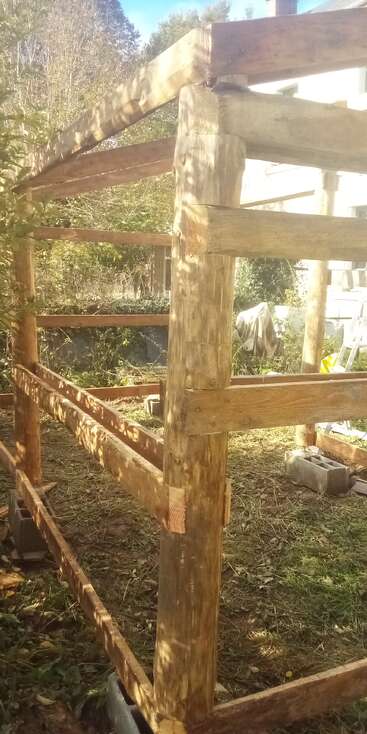 Esta imagem mostra uma estrutura de madeira em construção ao ar livre, possivelmente para um galpão ou celeiro. A luz do sol passa pelas árvores e folhagens, projetando sombras na madeira.