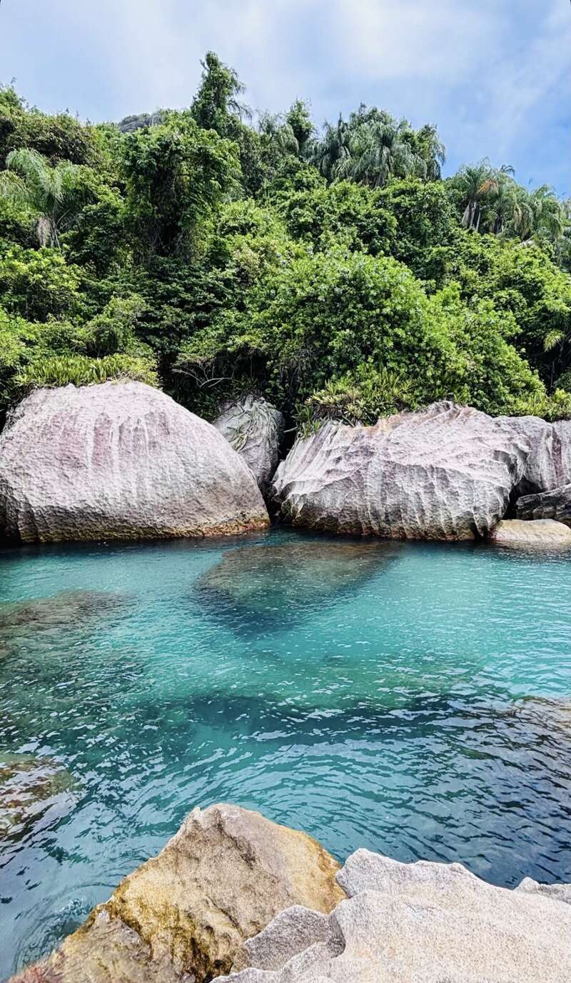 Aguas cristalinas de color turquesa centellean junto a grandes rocas lisas. Un denso follaje verde y palmeras cubren el fondo, creando un paisaje tropical sereno bajo un cielo parcialmente nublado.