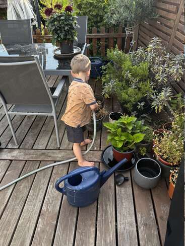 A young boy stands barefoot on a wooden deck, watering potted plants with a hose. A watering can and garden furniture are nearby, surrounded by greenery.