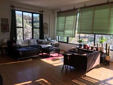 La imagen muestra un salón con un sofá oscuro, una mesa de centro y plantas, con grandes ventanales con persianas verdes y vistas a los árboles del exterior.