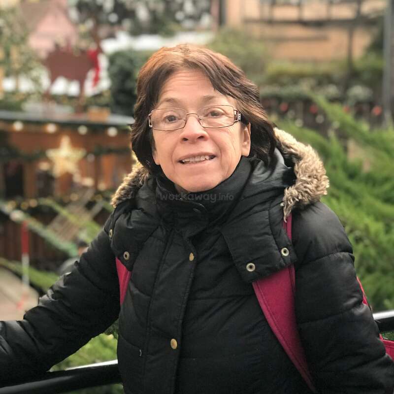 Uma mulher usando óculos, um casaco de inverno preto com capuz forrado de pele e uma mochila está ao ar livre, sorrindo calorosamente, com vegetação e decorações festivas ao fundo.