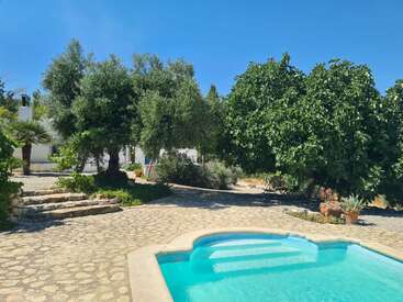 Um pátio ensolarado apresenta uma piscina azul clara, um caminho de pedra, árvores verdes exuberantes, vasos de plantas e edifícios brancos em um ambiente mediterrâneo tranquilo.