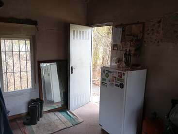 Une pièce rustique avec une porte ouverte montre la lumière du soleil et les arbres à l'extérieur. À l'intérieur, on trouve un réfrigérateur avec des autocollants, des bottes, deux miroirs, des cartes et des bouteilles de vin.