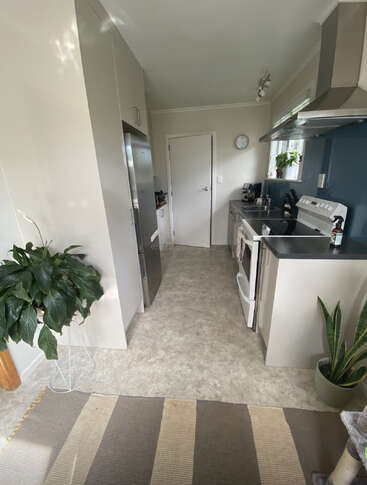 L'image représente une cuisine compacte aux murs et aux armoires blancs, équipée d'un réfrigérateur, d'une cuisinière et d'un four, agrémentée d'une fenêtre, de plantes et d'un tapis au sol.