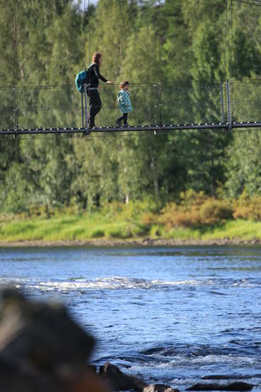 Una mujer y un niño cruzan un puente colgante sobre un río, rodeados de frondosos árboles, disfrutando de un día tranquilo y soleado en plena naturaleza.