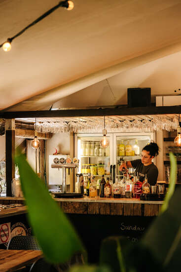 Eine gemütliche Barszene zeigt einen Barkeeper, der hinter einem rustikalen Tresen Getränke zubereitet. Warme Beleuchtung, hängende Gläser und Flaschen schaffen eine einladende, intime Atmosphäre. Zimmerpflanzen verstärken das Ambiente.