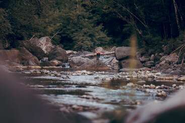 Eine Person steht auf einem großen Felsen in der Mitte eines Baches, umgeben von Wald, Felsbrocken und seichtem Wasser, inmitten der natürlichen Ruhe.