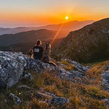 Uma pessoa e dois cães sentados em um terreno rochoso, observando pacificamente um pôr do sol de tirar o fôlego sobre colinas e montanhas, cercados por grama e beleza natural.