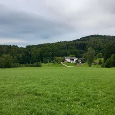 The image depicts a serene landscape featuring a white house situated on a hill, surrounded by lush greenery and a vast grassy field, set against a cloudy sky.