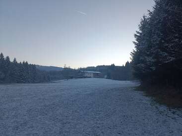 A serene winter landscape featuring a snow-covered field, forested trees on both sides, a distant house, and a pale, clear sky with an airplane trail.