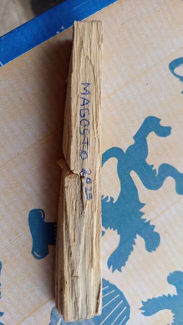 Ein Stück gesplittertes Holz mit der Aufschrift "AGOSTO 2015" in blauer Tinte, das auf einer gemusterten Oberfläche mit blauen Mustern liegt.