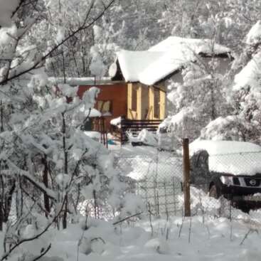 Une maison confortable entourée d'arbres enneigés, une voiture garée à l'extérieur, de la neige recouvrant le sol, le toit et les branches, créant une scène hivernale paisible.
