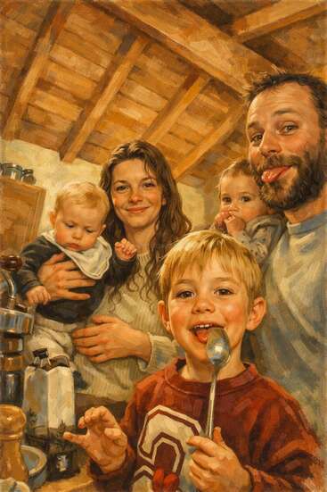 A cheerful family portrait with two adults and three children in a cozy kitchen, everyone smiling, one child holding a spoon, creating a warm, joyful atmosphere.