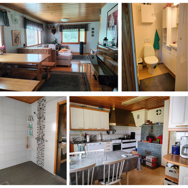 This collage shows a cozy wooden home with a spacious living room, piano, kitchen, dining area, bathroom, and tiled shower, all with natural lighting and rustic decor.