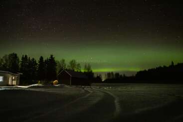 The image depicts a serene winter scene at night, featuring a house, trees, and a road under a starry sky with a vibrant green aurora borealis in the background.