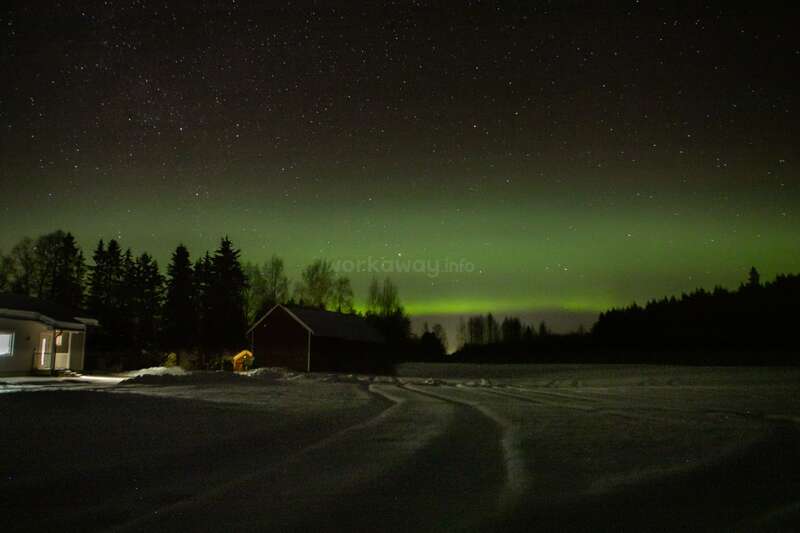 The image depicts a serene winter scene at night, featuring a house, trees, and a road under a starry sky with a vibrant green aurora borealis in the background.