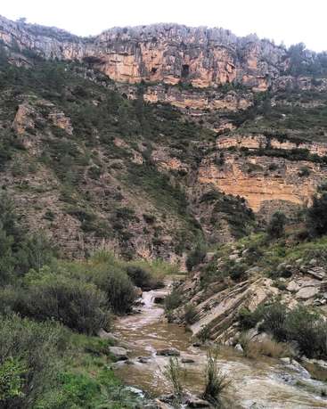 Das Bild zeigt eine ruhige Berglandschaft, durch die ein Fluss fließt, umgeben von üppigem Grün und schroffen Felsformationen.